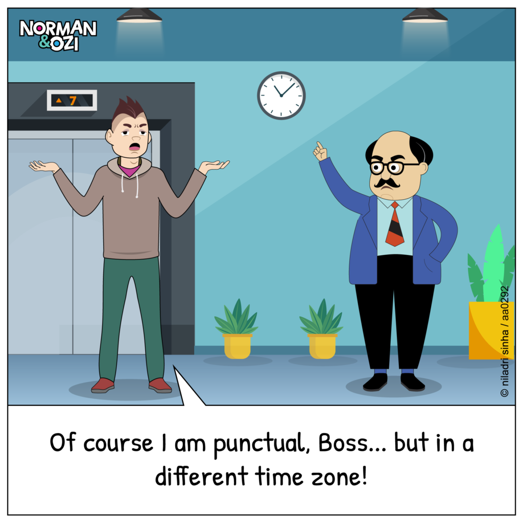 Funny cartoons depicting workplace punctuality.