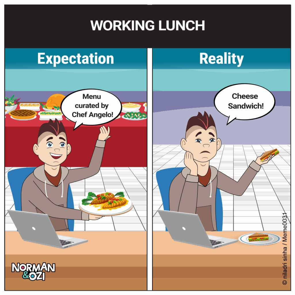expectation vs reality comics at workplace on office lunch