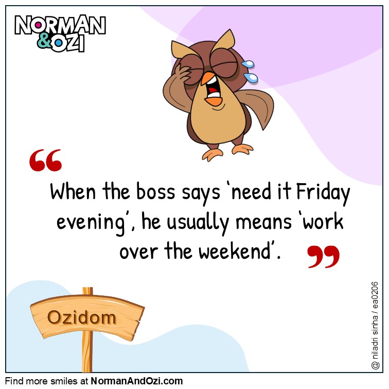 Funny office cartoon about boss giving a Friday evening deadline that leads to weekend work