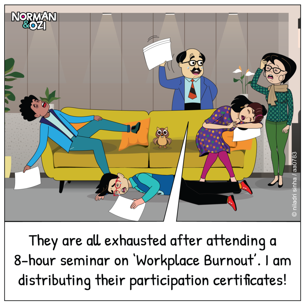 Funny office cartoon showing employees exhausted after attending an 8-hour workplace burnout seminar while their boss distributes participation certificates.