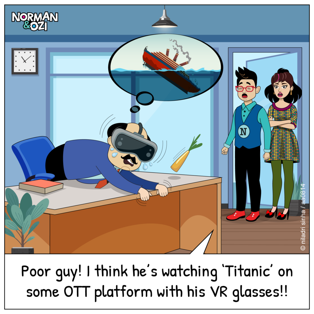 Funny workplace cartoon showing a boss emotionally overwhelmed while watching a movie in virtual reality using a VR headset in the office.