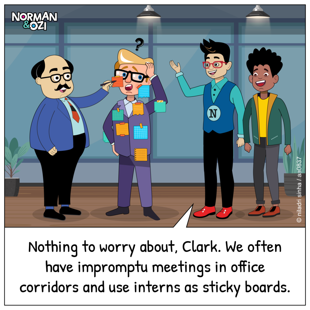 Corporate humor cartoon about interns being overloaded during office meetings.