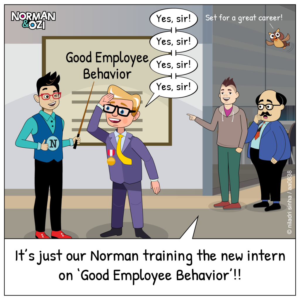 Workplace comedy illustration about office hierarchy and internship culture.
