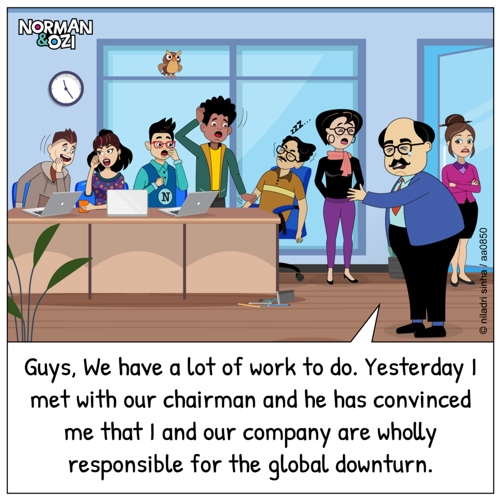workplace cartoon showing stressed employees during a corporate meeting about the global economy.