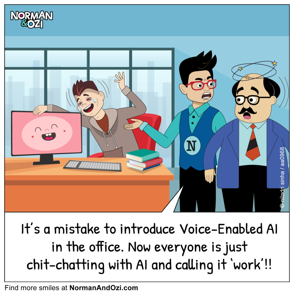 corporate cartoon featuring employees emotionally attached to AI assistants