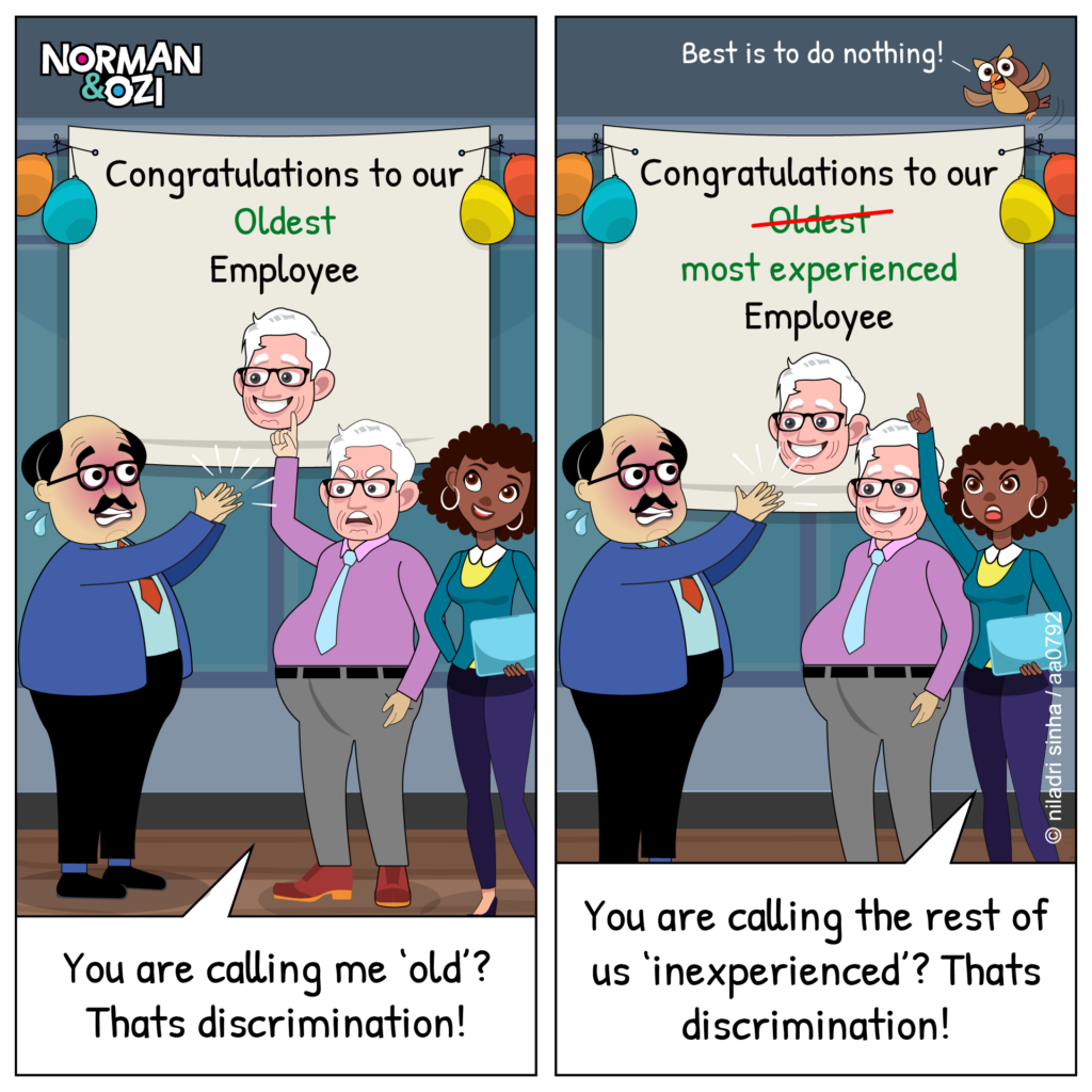 Funny office cartoon showing employees debating whether calling someone the 'oldest' or 'most experienced' employee is discriminatory during a workplace celebration.