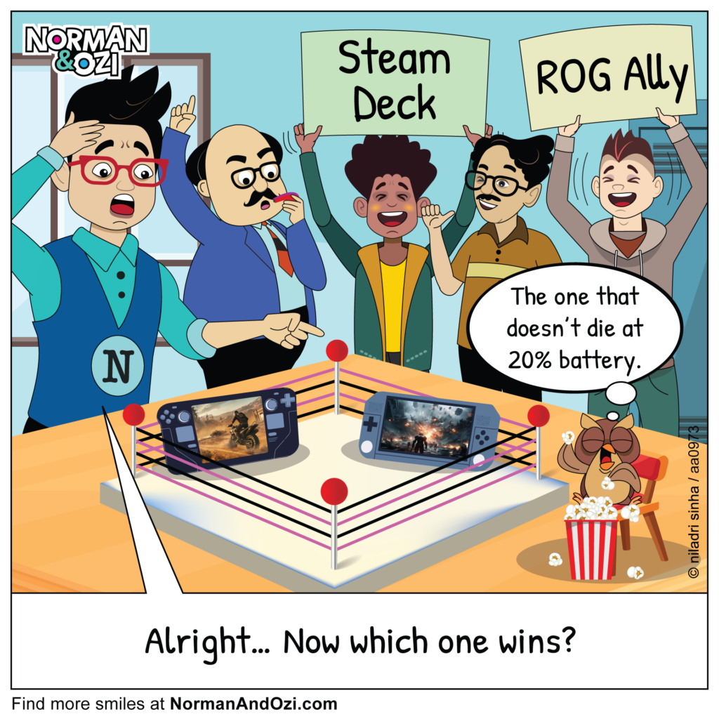 Funny cartoon comparing Steam Deck and ROG Ally, where gamers joke that the winner is the handheld that doesn't die at 20% battery.