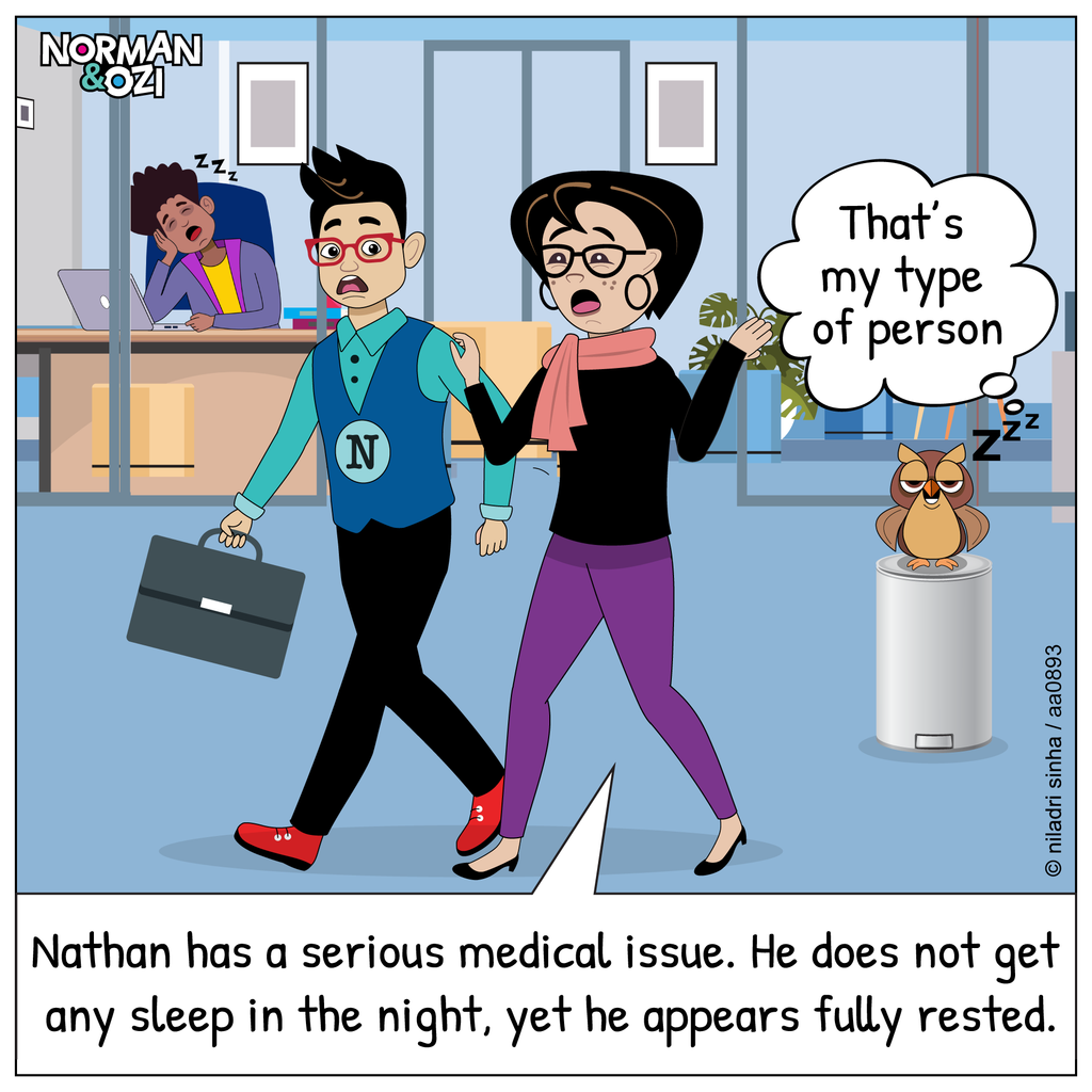 Funny workplace cartoon showing an energetic employee who gets no sleep at night but arrives at work looking fully rested