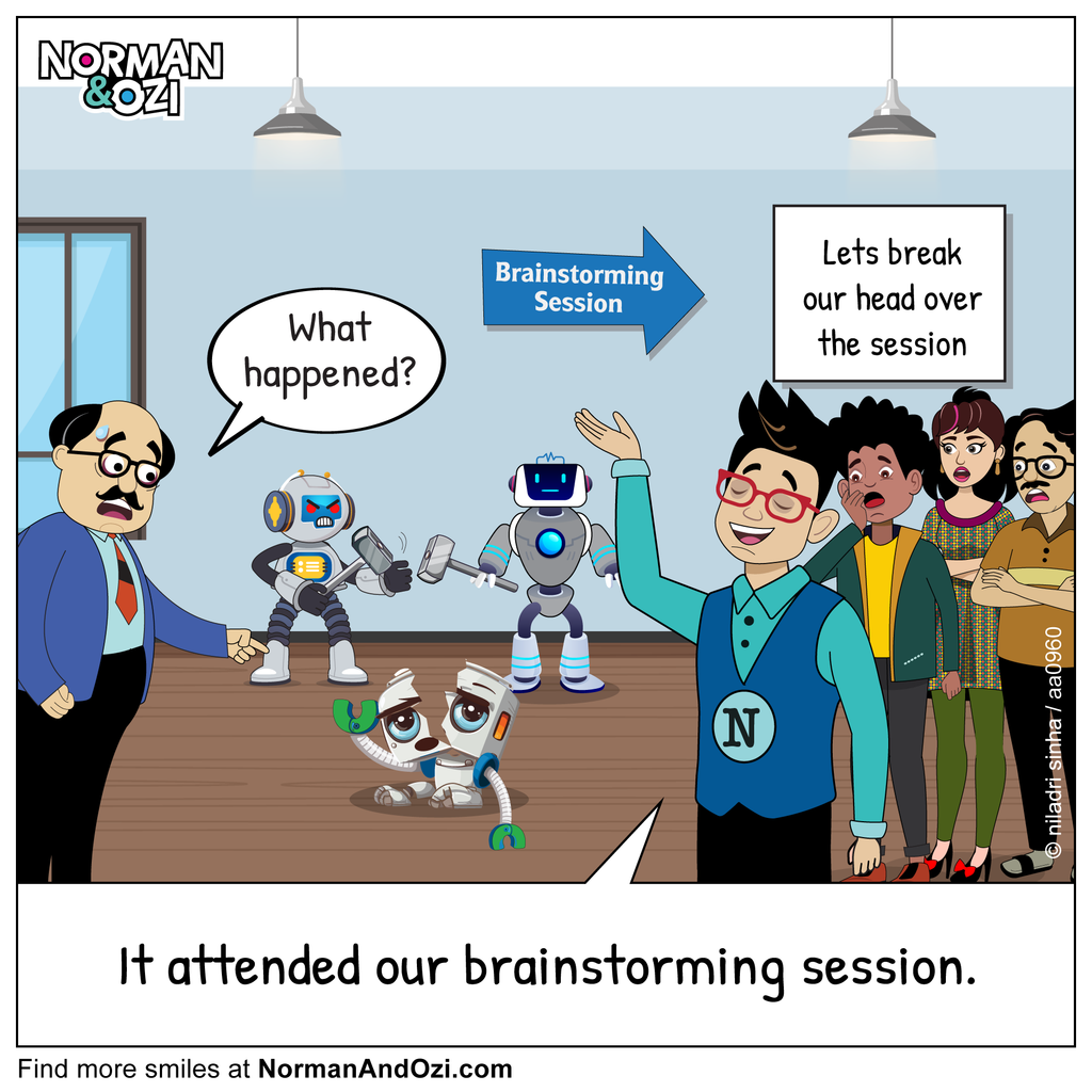 Funny workplace cartoon showing a brainstorming session that leaves a robot broken