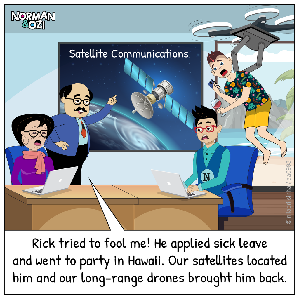 Funny workplace cartoon showing a boss using satellites and drones to track an employee who took sick leave to party in Hawaii