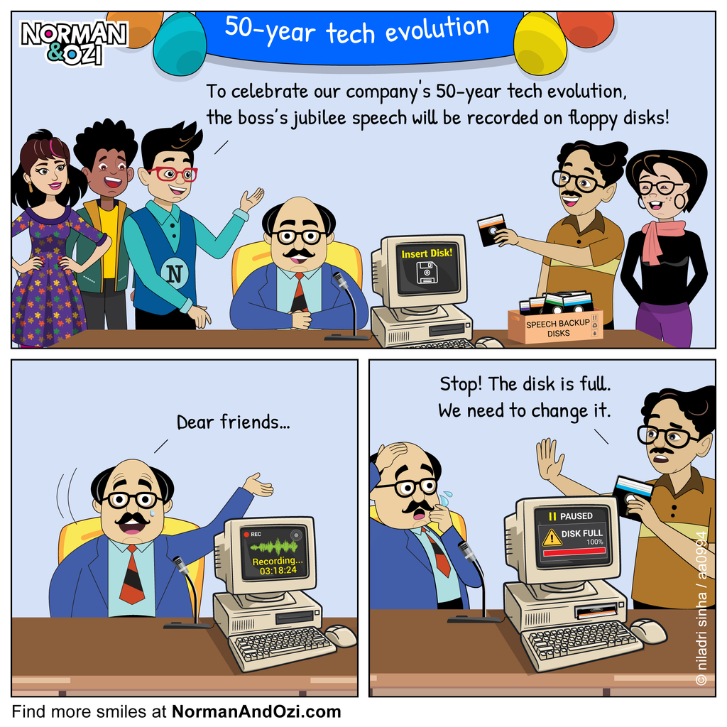 Funny technology cartoon showing a company celebrating digital transformation while using floppy disks for analog storage