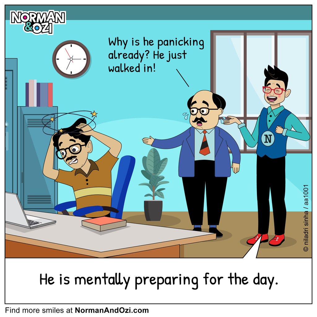 Funny Monday workplace cartoon showing an employee panicking at his desk while mentally preparing for the workday