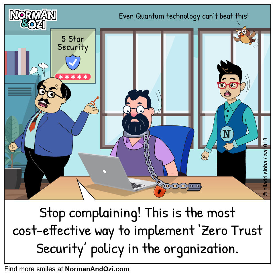 A funny cybersecurity cartoon about Zero Trust security taken literally, where an employee is physically chained to his laptop for maximum workplace security.