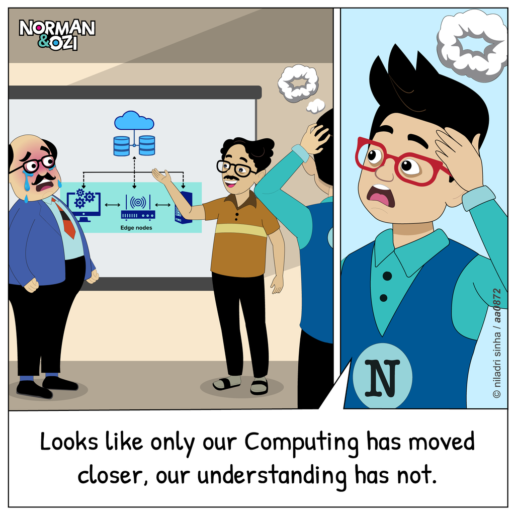 Workplace cartoon showing employees discussing edge computing while Norman looks confused