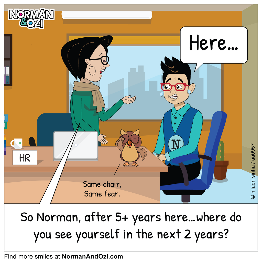 Sarcastic workplace cartoon about career growth and staying in the same position